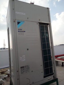 A Daikin VRV outdoor HVAC unit on a commercial rooftop by Schomp's Mechanical Services in Brookings, SD.