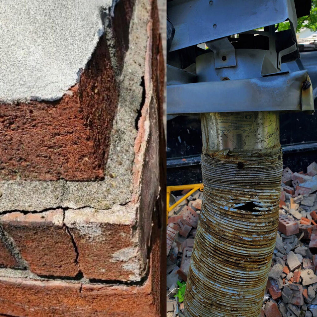 Close-up of damaged brickwork and a corroded chimney liner, showing issues addressed by Century Chimney Sweep and Repair in Cleveland, OH
