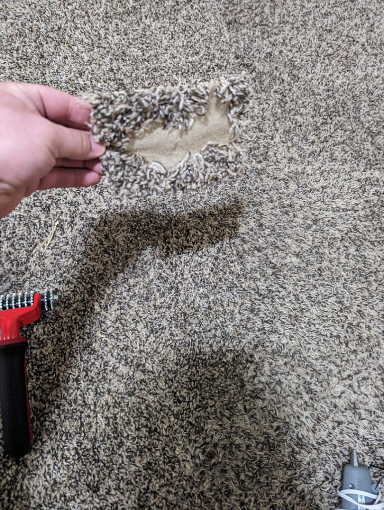 A hand holding a piece of damaged carpet, showing the backing, indicating carpet repair service by Dewdrop Carpet Cleaning in Kansas City, MO.