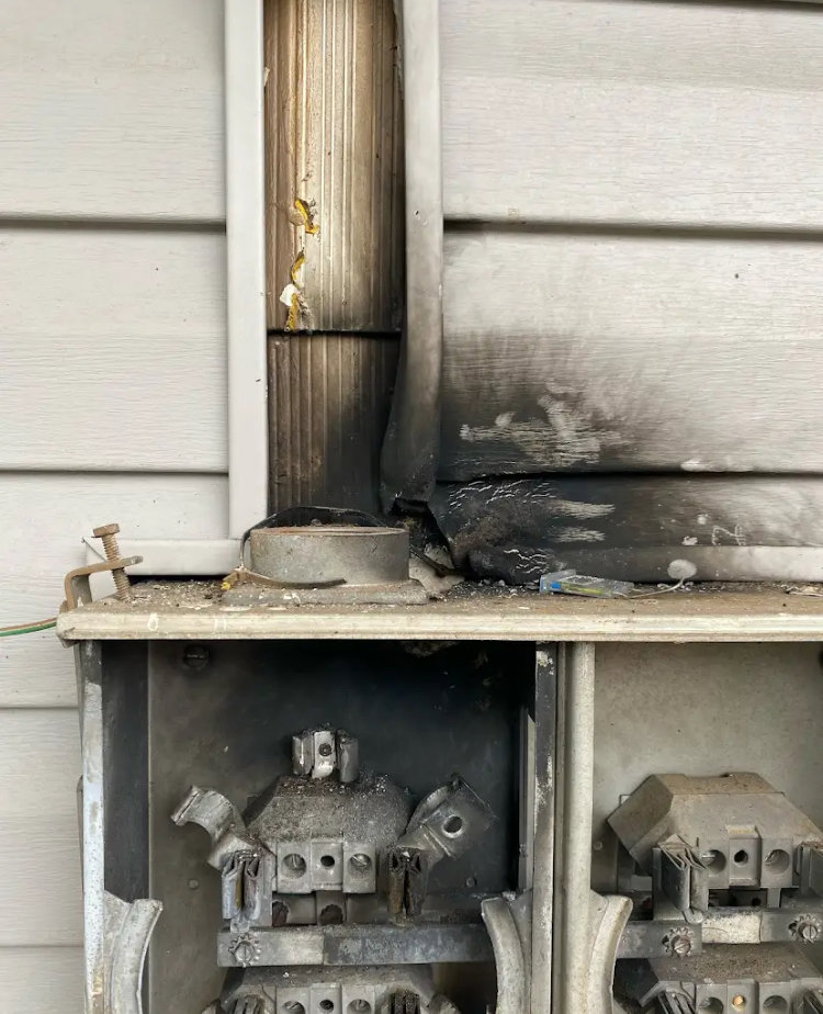 A damaged electrical meter box with burn marks on the siding, indicating a fire hazard needing repair by Mister Sparky of Greensboro in Greensboro, NC.