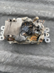 A damaged and burnt electrical outlet needing replacement by Southern Electrical Services, LLC in Leesburg, VA.
