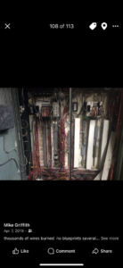 A damaged electrical panel with numerous burnt wires requiring repair by GM Electric Inc. in Kalispell, MT.