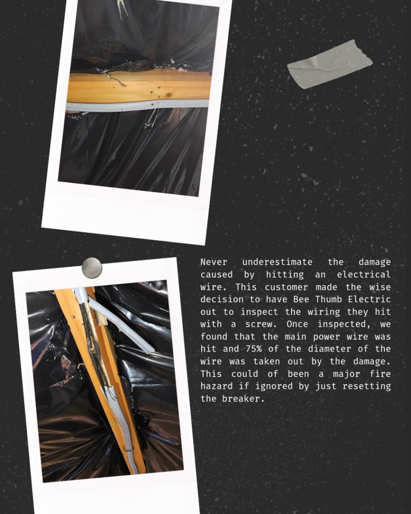 Damaged electrical wiring being inspected by Bee Thumb Electric in North Highlands, CA, highlighting a fire hazard.