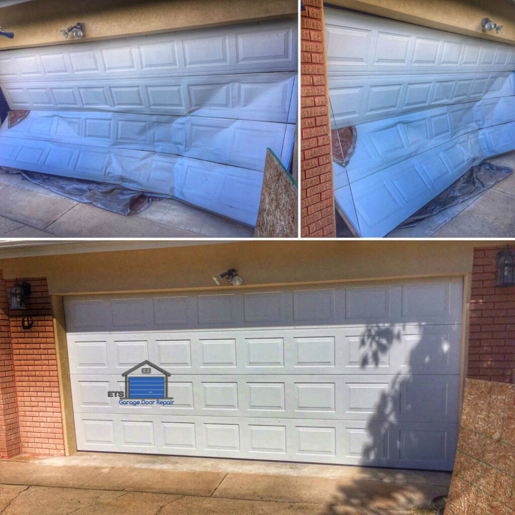 Before and after photos showing a damaged garage door repaired and replaced by ETS - Garage Door & Electric Gate Repair Of Bellevue, WA.