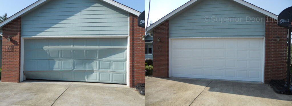 Before and after comparison of a damaged garage door replacement by Superior Garage Door in Saint Paul, MN, showing a new white panel door.