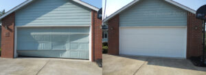 Before and after comparison of a damaged garage door replacement by Superior Garage Door in Saint Paul, MN, showing a new white panel door.