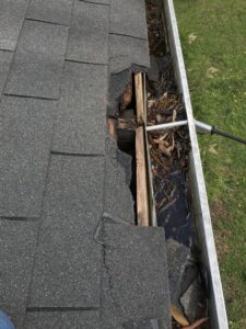 Damaged roof shingles and a clogged gutter, often indicative of wildlife activity, addressed by The Squirrel Guys in Birmingham, AL.