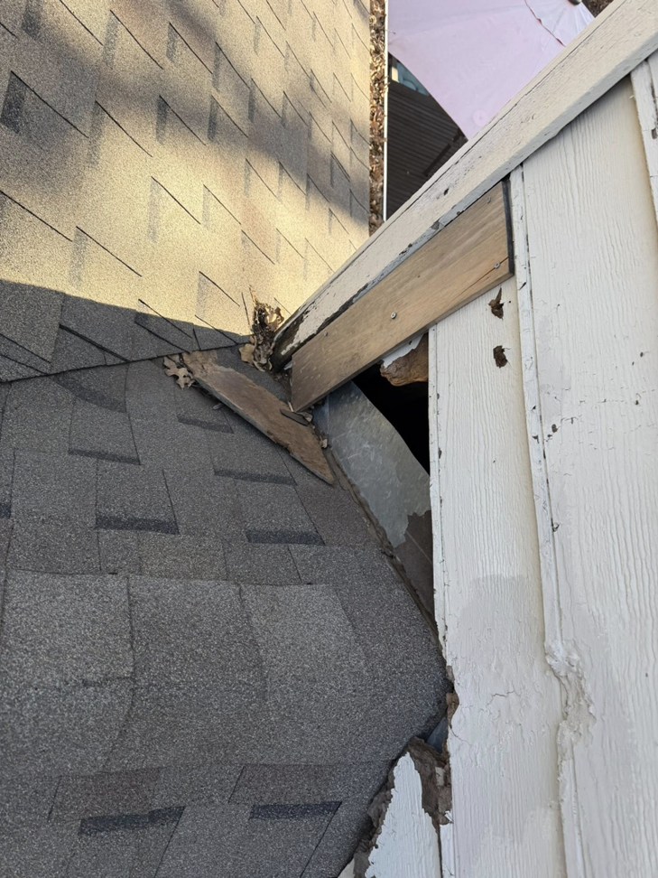 Damaged roofline and soffit area showing a clear entry point for wildlife, repaired by AllGone Services in Euless, TX.