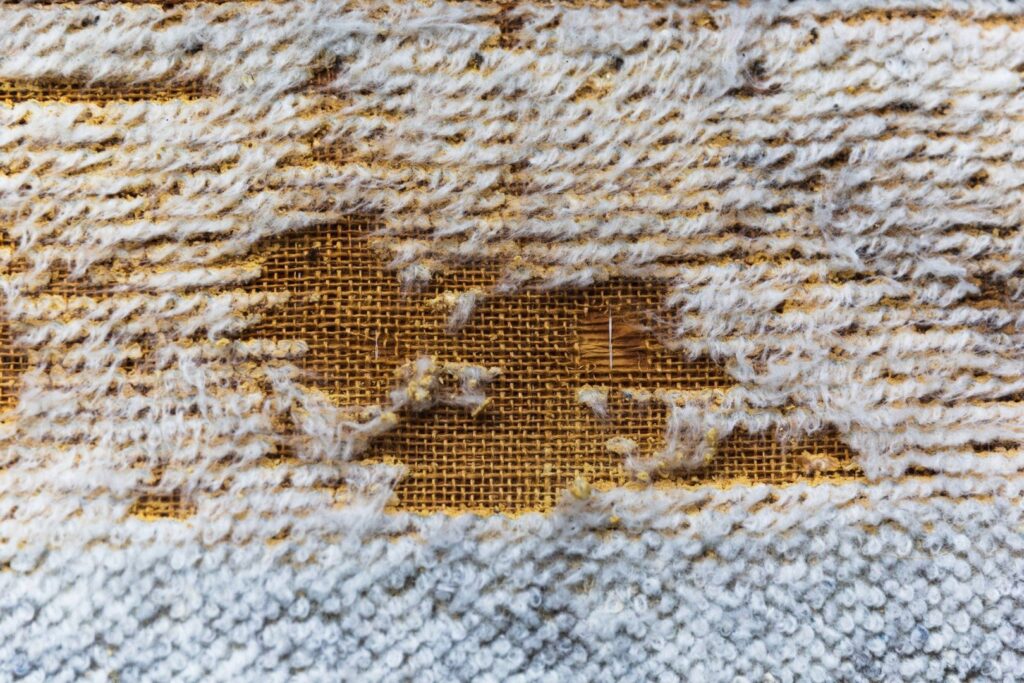 Close-up of damaged and worn carpet, showing the need for repair or replacement by Atlantic Carpet Care, Inc. in Chesapeake, VA