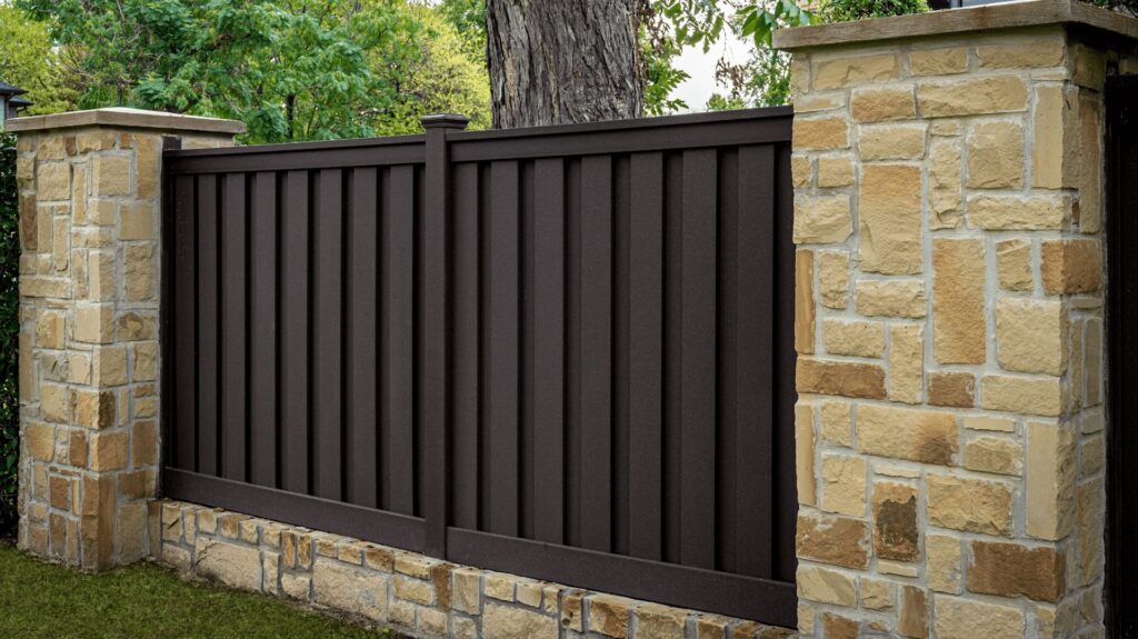 A dark brown privacy fence with decorative stone pillars installed by Superior Fence & Rail of Arkansas in Springdale, AR.