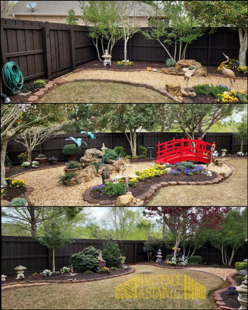 A dark brown wood privacy fence enclosing a landscaped backyard by R&R Fence & Stain LLC in Madison, AL.