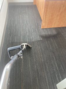 Dark commercial carpet being cleaned, showing a clear before-and-after section by TCK Carpet Cleaning in Indianapolis, IN.