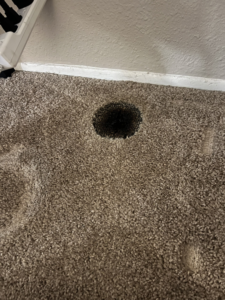 A dark, circular stain on a carpet requiring professional cleaning from Tucson Carpet Repair & Cleaning in Tucson, AZ.