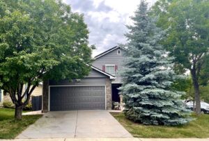 A modern dark gray panel garage door installed on a residential home by Lion Heart Garage Doors in Thornton, CO.