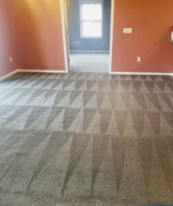 A room with dark grey carpet showing distinct cleaning patterns from Pueblo's Best Carpet & Air Duct Cleaning in Pueblo West, CO.