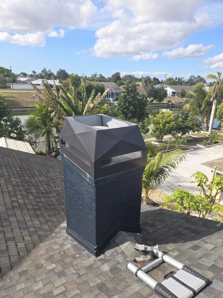 A dark modern chimney cap installed on an asphalt shingle roof by SWFL Chimney Caps Inc. in Fort Myers, FL.