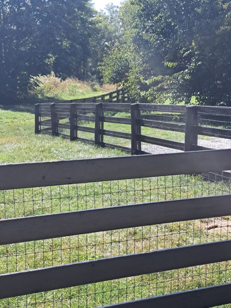 A dark-stained wooden fence with wire mesh installed in a grassy area by Stapleton Fencing LLC in Lexington, KY.