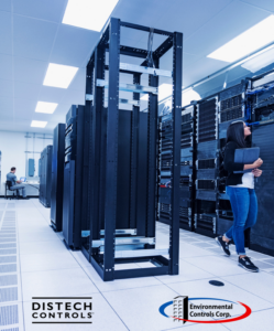 A large data center server room, an environment requiring precise HVAC control, serviced by Environmental Controls Corp. in Tigard, OR.