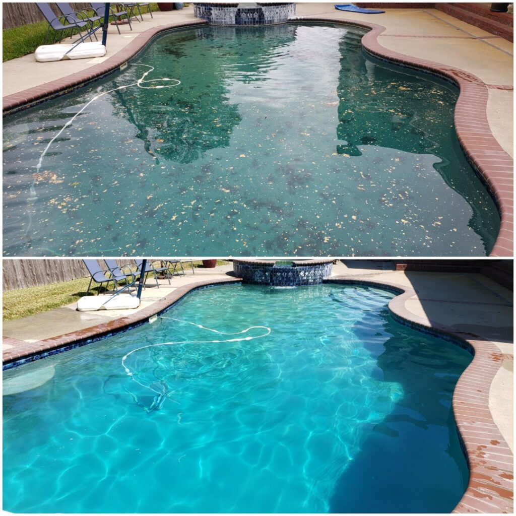 Before and after photos of a debris-filled pool cleaned to sparkling blue by Pool Doctors in Cape Coral, FL.