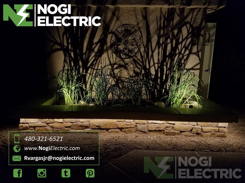 Decorative outdoor lighting installation highlighting plants and a wall by Nogi Electric LLC in Mesa, AZ.