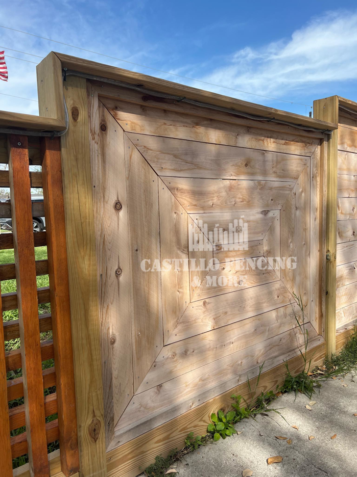 A unique decorative wood fence panel installed by Castillo Fencing & More in Corpus Christi, TX.