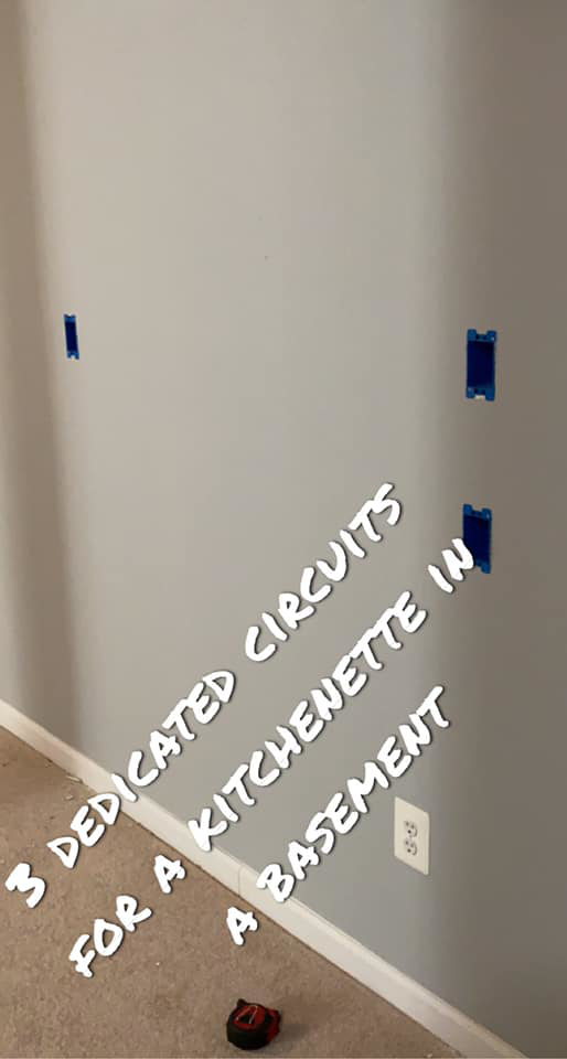 New dedicated circuits and electrical boxes installed for a basement kitchenette by SandD electric in Winchester, VA.