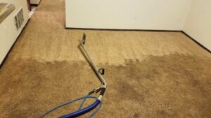 The deep carpet cleaning process in action, showing a clean path on a brown carpet by Crawford's Carpet Cleaning in Oklahoma City, OK.