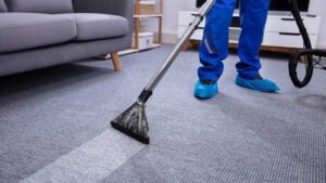 Deep carpet cleaning service in progress, showing a clean path by Arise Carpet Cleaning in Kailua, HI.