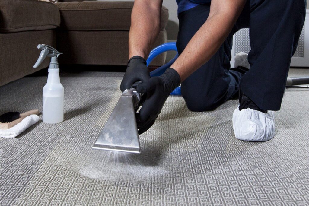 A technician performing deep carpet stain removal with a handheld tool for Nashville Carpet Cleaning in Madison, TN.