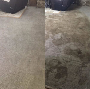 Before and after of a heavily soiled carpet undergoing deep cleaning by A Brighter Cleaning Service in Arlington, TX.
