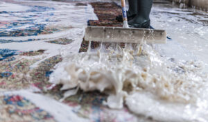 A professional performing deep rug cleaning with a squeegee and suds at Khazai Rugs in Lexington, KY.