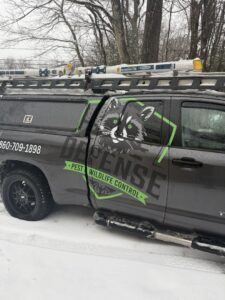 A branded Defense Pest and Wildlife Control truck with company logo and phone number, parked in the snow in Hartford, CT.