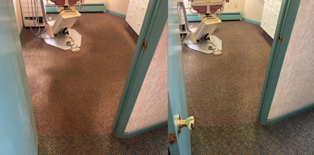 Before and after comparison of carpet cleaning in a dental office by Select Carpet Clean LLC in Scranton, PA.