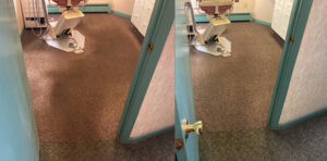 Before and after comparison of carpet cleaning in a dental office by Select Carpet Clean LLC in Scranton, PA.