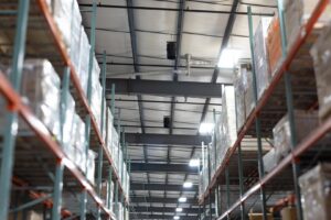 Air-Row Fans destratification units installed in a large warehouse in Fortville, IN.
