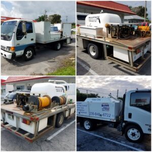 A detailed view of the specialized pest control equipment on a service truck from Allstate Termite and Pest Control Inc. in Tampa, FL.