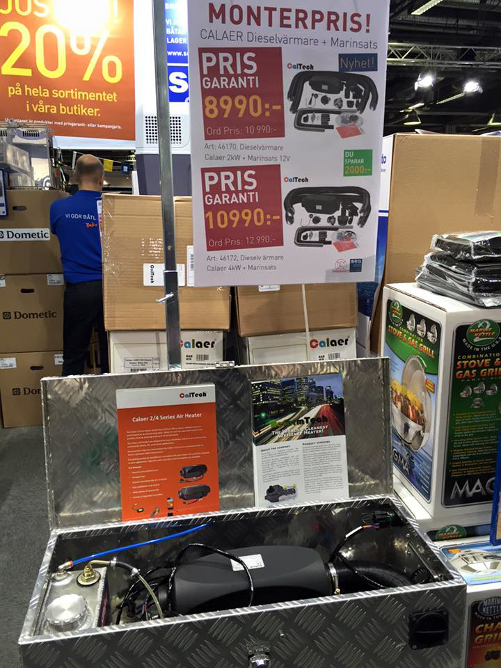 A display showing a diesel air heater unit and installation services at ReformTech in Kista, Sweden.