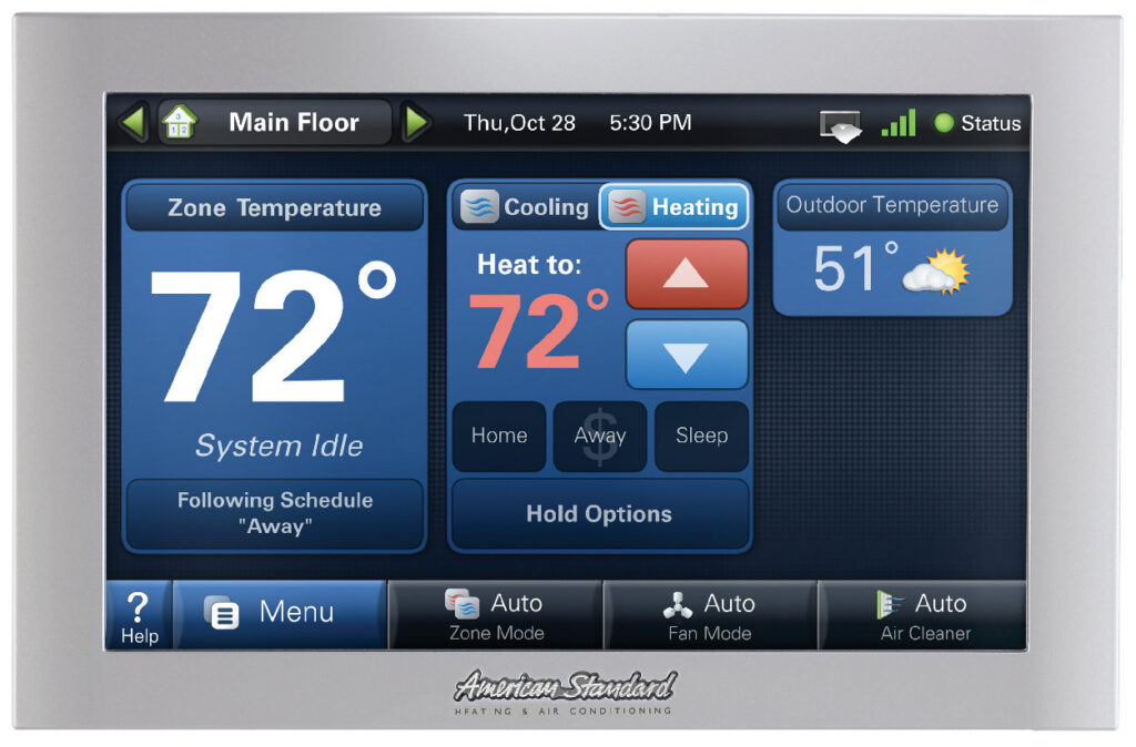 A digital HVAC thermostat and control panel, representing services by Vision Air Services in Tulsa, OK.