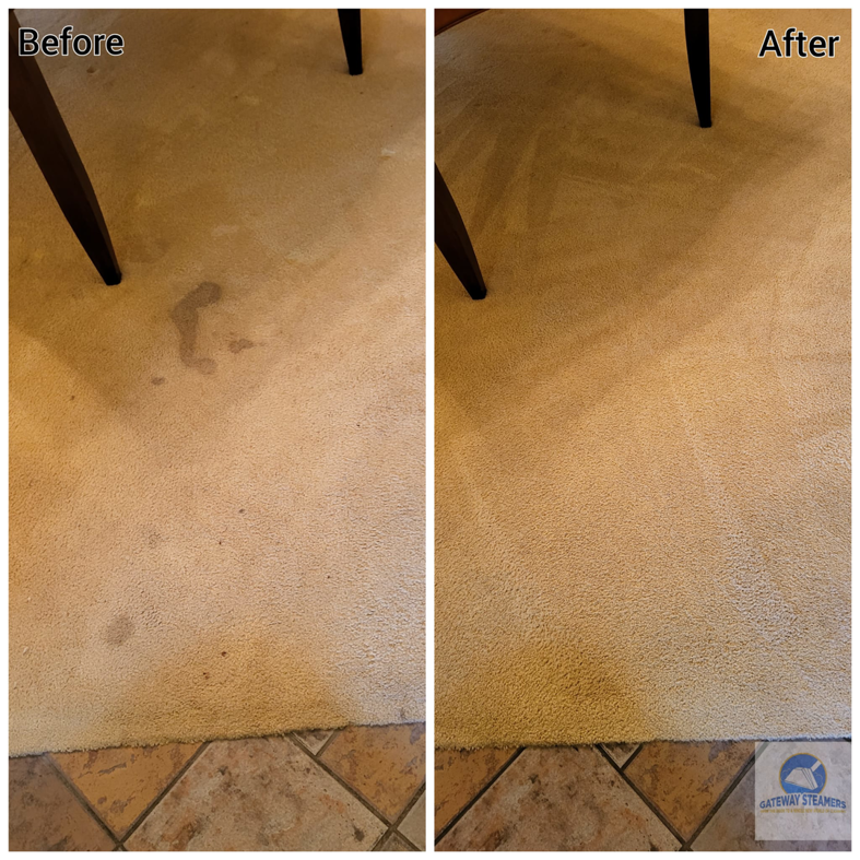 A dining room carpet with a stain before and after cleaning by Gateway Steamers in Austin, TX