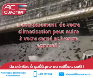 Close-up of dirty AC coils being professionally cleaned by ACCLEANER NC in Nouméa, New Caledonia.