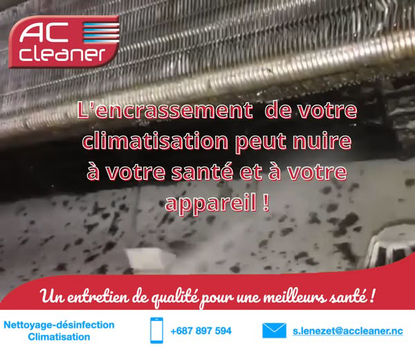 Close-up of dirty AC coils being professionally cleaned by ACCLEANER NC in Nouméa, New Caledonia.