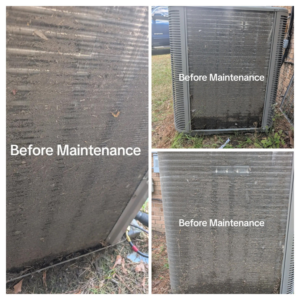 A dirty outdoor AC condenser unit before maintenance by Prestige Heating Cooling & Appliances Llc in Sumter, SC.