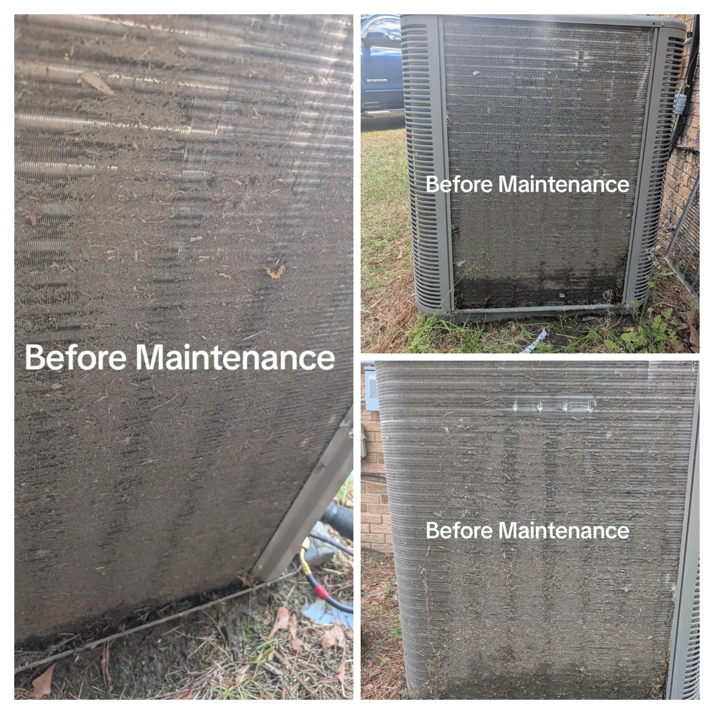 A dirty outdoor AC condenser unit before maintenance by Prestige Heating Cooling & Appliances Llc in Sumter, SC.