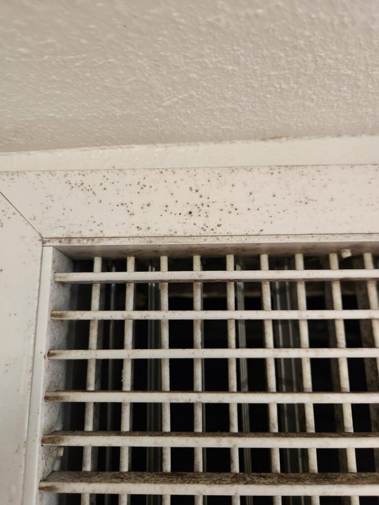 Close-up of a dirty air vent grille with visible mold or heavy dust, indicating a need for cleaning by DUCTZ of Siouxland in Vermillion, SD.