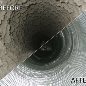 A before and after comparison showing a dirty air duct on the left and a clean air duct on the right by X Calibur Enterprise Services LLC in Akron, OH.