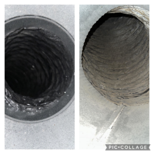 A before and after comparison showing dirty and clean air ducts, serviced by Murray's General Services in Goose Creek, SC.