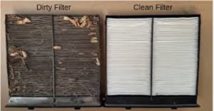 A comparison of a dirty HVAC air filter next to a clean one, demonstrating filter replacement by 1 800 Cooling, INC in Phoenix, AZ.
