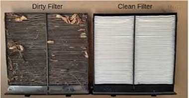 A comparison of a dirty HVAC air filter next to a clean one, demonstrating filter replacement by 1 800 Cooling, INC in Phoenix, AZ.