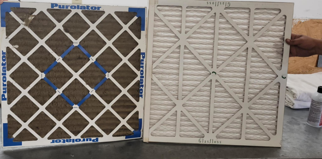 A dirty HVAC air filter next to a clean one, demonstrating filter replacement by Mike Watson Heating and Cooling in Wichita, KS.