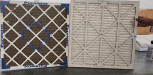 A dirty HVAC air filter next to a clean one, demonstrating filter replacement by Mike Watson Heating and Cooling in Wichita, KS.